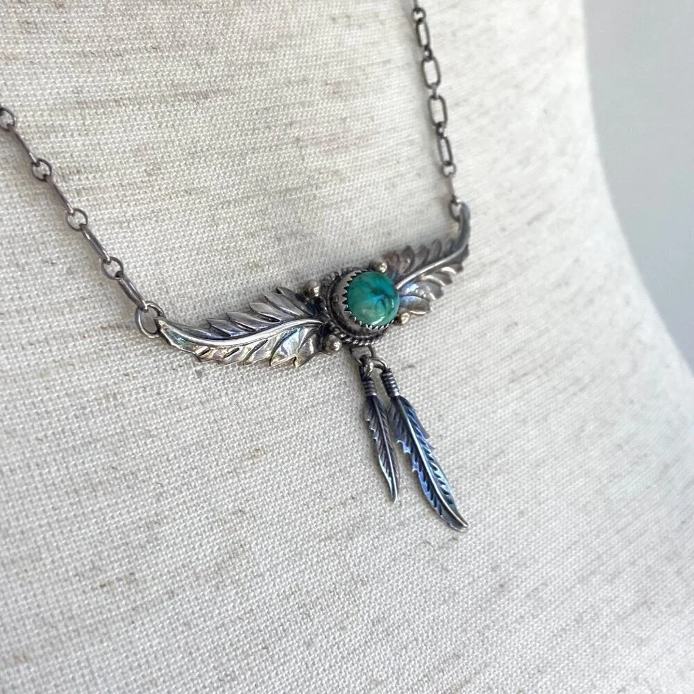 VTG Sterling Silver 925 H. Spencer Navajo Turquoise Leaf Feather Necklace 20.5